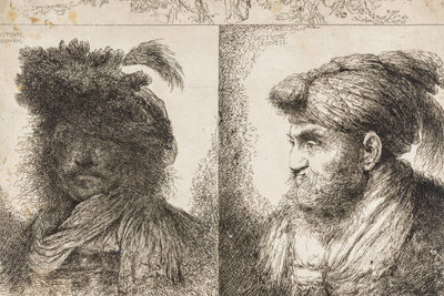 Giovanni Benedetto Castiglione: Kopf eines Mannes im Schatten, Kopf eines Mannes mit federgeschmücktem Turban und zwei Pastoralen, Radierung (1. Zustand), 207x275mm
