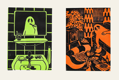 Vanessa Luschmann: „Lethargy“ und „Coping Mechanism“, 2022/23, aus der achtteiligen Serie „Ghost Stories“. Zweifarbige Linoldrucke, 29,7 x 21 cm, Auflage: 20