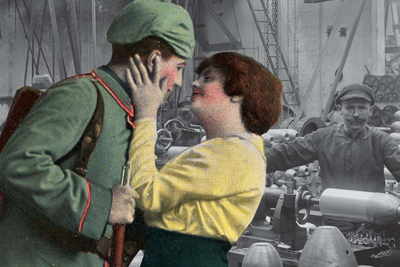 Ausstellungsplakat zeigt eine Frau, die einen Soldaten küsst