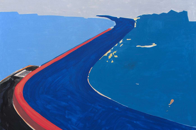 Gemälde einer Straße mit Bordstein in blau und rot