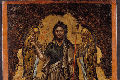 Ikone mit Darstellung von Johannes dem Täufer als Heiligem, neben seinem Fuß liegt ein abgetrennter Kopf