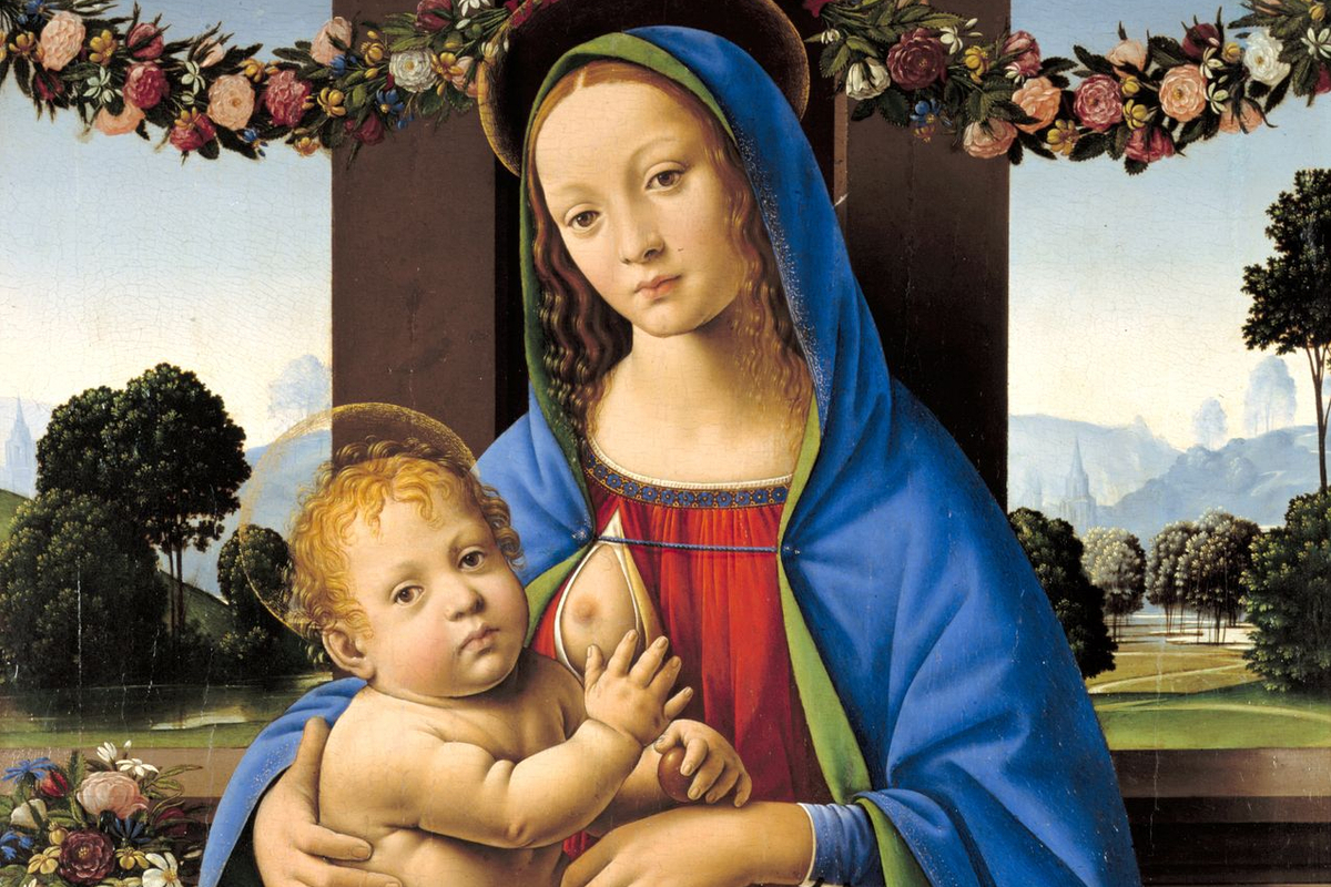 Ölgemälde der Madonna mit blauem Mantel, die einem plumpem Christuskind die Brust gibt