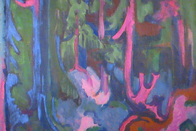 Ausschnitt aus Kirchners expressionistischem Gemälde "Bergwald am Mittag"