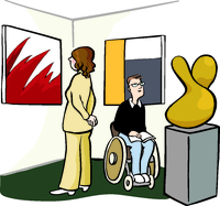 Eine Frau und ein Rollstuhlfahrer besuchen eine Kunst-Ausstellung