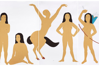 Kubra Khademi, Front Line (Quadriptychon), 2020, Gouache und Goldfolie auf Papier, 4 x 150 cm x 114 cm, Courtesy Galerie Eric Mouchet