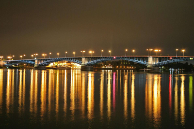 Theodor-Hess-Brücke in Mainz bei Nacht.